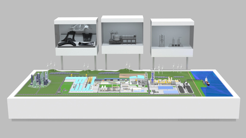 현대제철 미국 전기로 제철소 조감도 모형을 통해 직접환원철(DRI)을 생산하는 원료 생산설비인 DRP와 전기로를 비롯해 열연·냉연 설비 등 제철소 주요 공정 및 인근 인프라를 한눈에 파악할 수 있다.