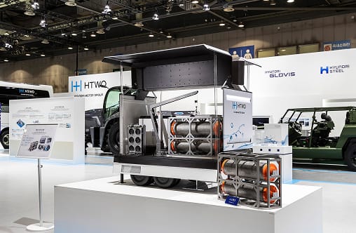 현대로템(HTWO)의 이동형 발전기 목업, 교환식 수소저장 모듈 탑재 및 카트리지 교체 방식으로 충전 시간 단축