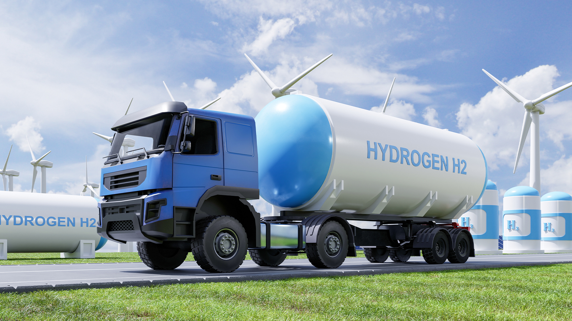 HYDROGEN H2 트럭과 풍력발전기 이미지