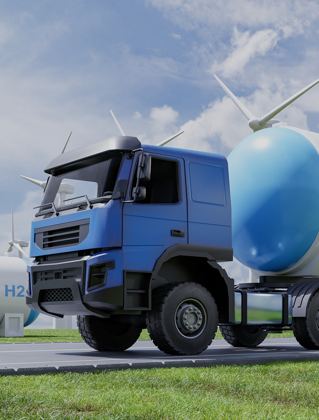Hydrogen trucks and wind power generators Image